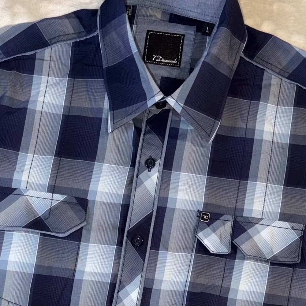 7 Diamonds Mens Blue Grey Plaid Long Sleeve Button Down Shirt Size L Cotton